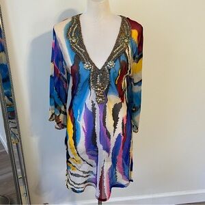 Solitaire Multicolor Beaded Swim Cover Up Dress Size L Beach Resort